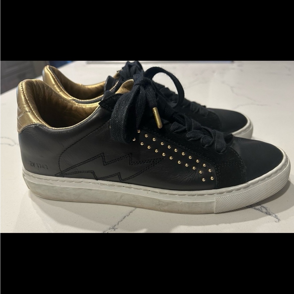 Zadig & Voltaire Paris ZV1747 Studded Leather Sneaker Lace Up Black Womens Sz 38